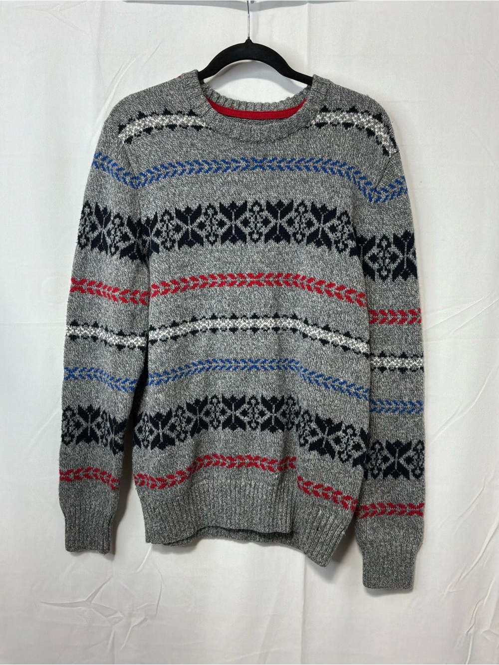 Classic Grey Fair Isle Crewneck Sweater with Red & Blue Accents